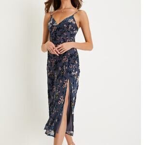 LULU'S SZ L Divine Allure Slate Blue Floral Burnout Velvet Midi Dress NEW b149